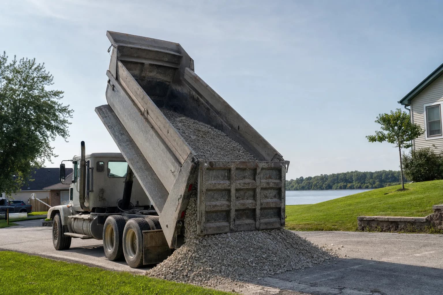 Dump truck delivering gravel to a residential property